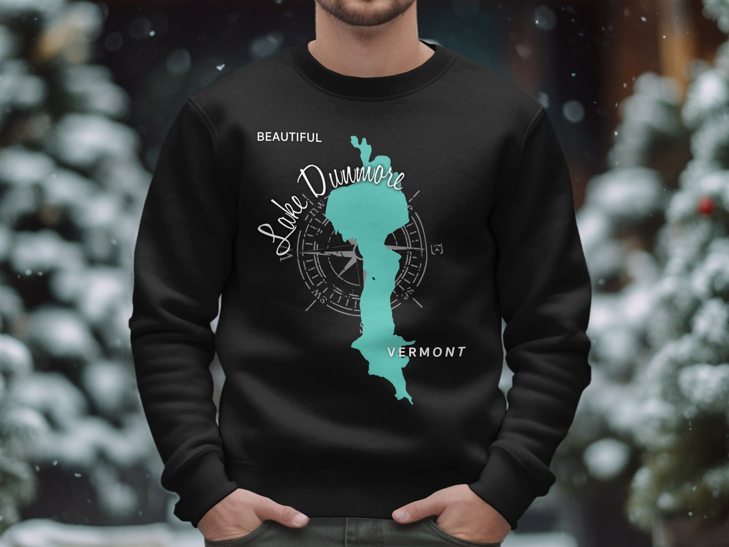 Black sweatshirt with Lake Dunmore Vermont map and compass graphic.