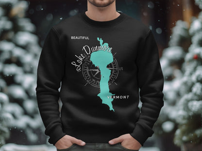 Black sweatshirt with Lake Dunmore Vermont map and compass graphic.