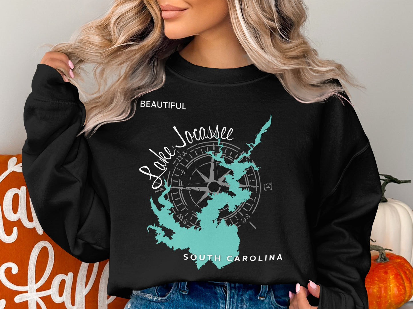 Black sweatshirt with Lake Jocassee map and compass graphic.