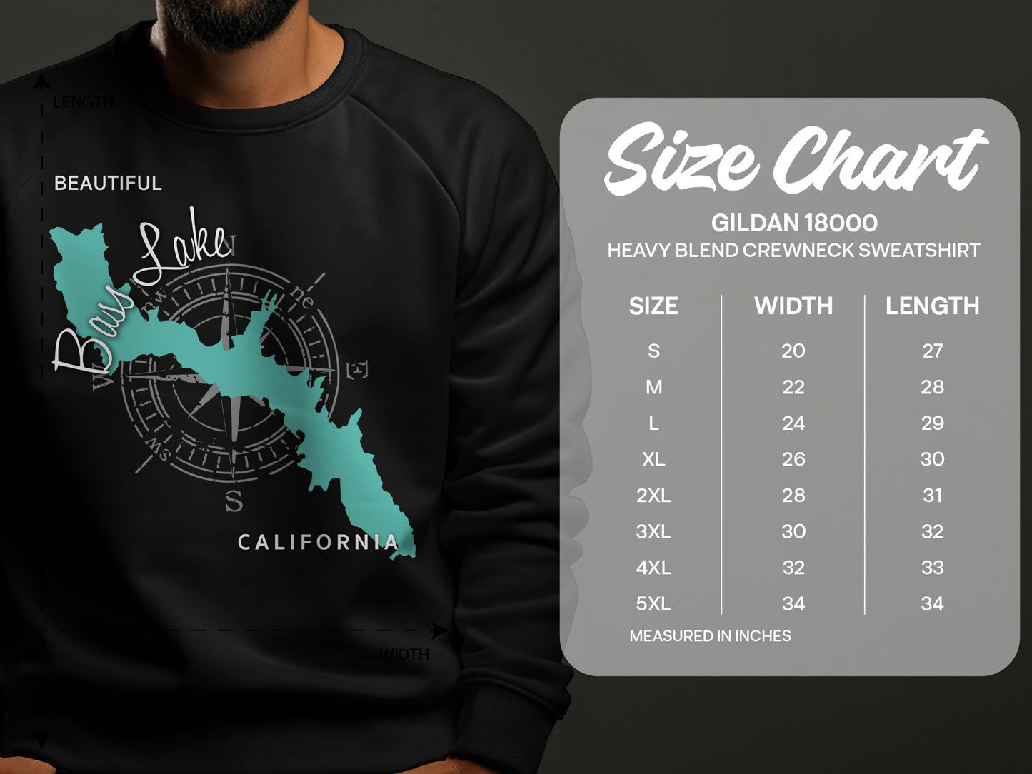Crewneck sweatshirt with Lake California graphic and Gildan size chart.