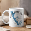 White mug with blue Cedar Creek Lake map and compass graphic, reading "Cedar Creek Lake Texas".