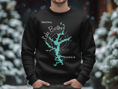 Black sweatshirt featuring a teal map of Lake Burton, Georgia, with a compass rose overlay.