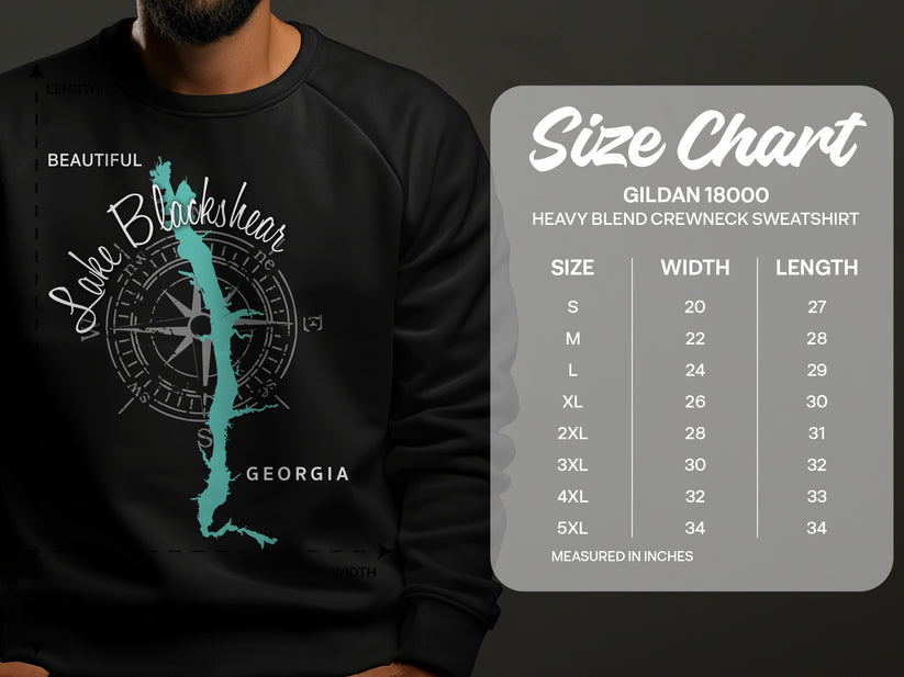 Lake Blackshear, Georgia graphic on Gildan 18000 sweatshirt size chart.