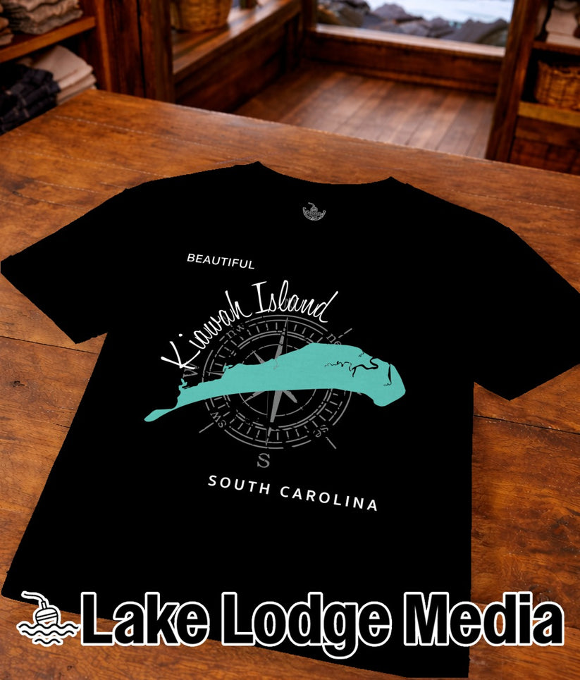Black t-shirt with "Kiawah Island, South Carolina" text and compass graphic.