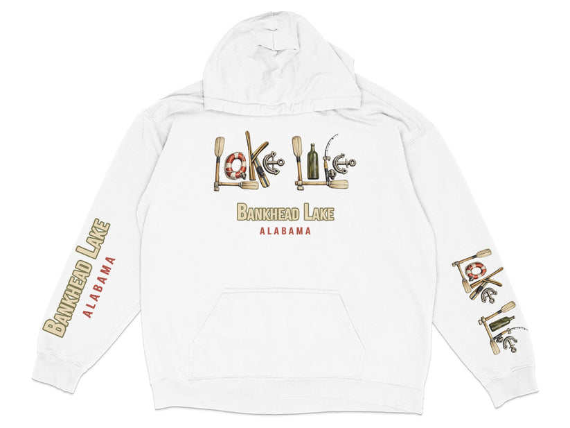 White hoodie with "Bankhead Lake Alabama" text and nautical graphics.