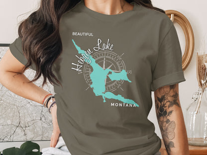 Hobgen Lake, Montana map and compass graphic on a tan t-shirt.