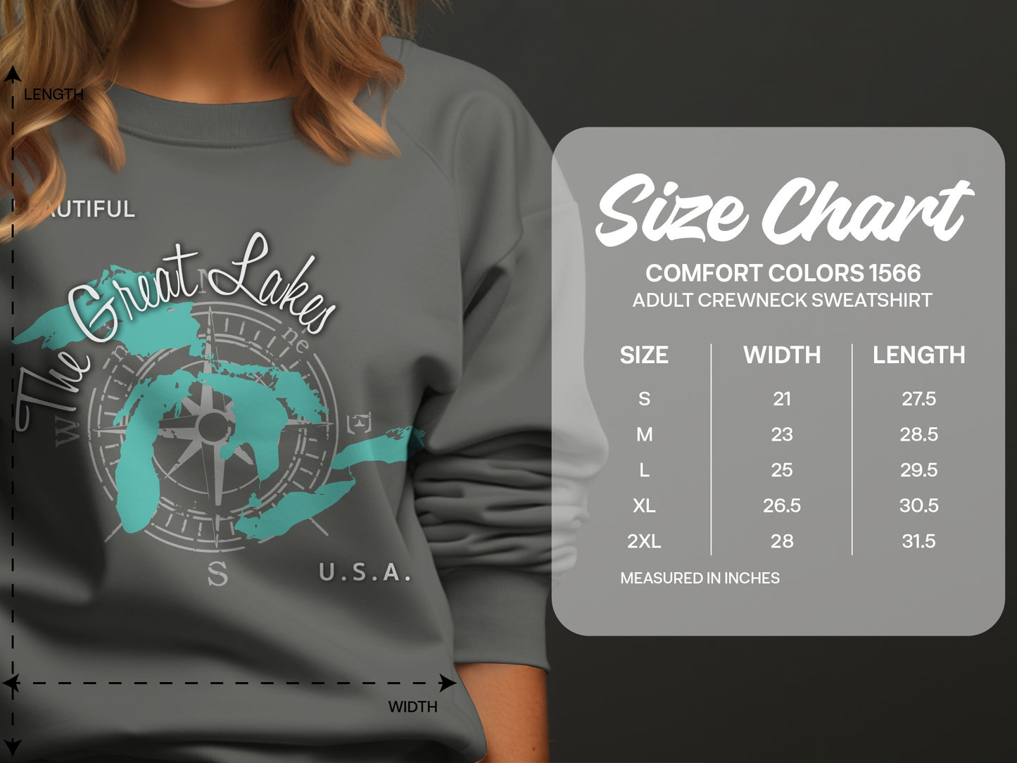 Adult crewneck sweatshirt size chart for Comfort Colors 1566 with measurements.