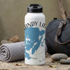White water bottle with blue Sandy Lake map.