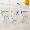 Three clear glasses with blue Pickwick Lake map and compass graphics.