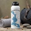 White water bottle with "BOOKMEGUNTI" text, blue map, and compass rose graphic.