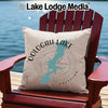 Tan pillow with Oologah Lake map and compass design on red chair.