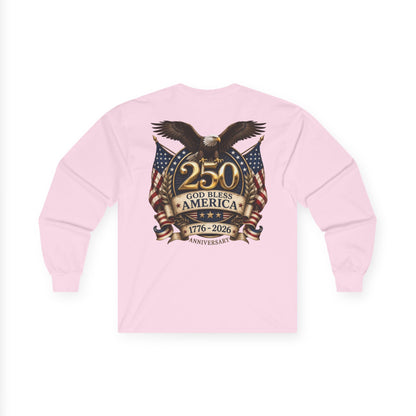 USA 250th Anniversary FREEDOM Long Sleeve Shirt | Front and Back Design | Patriotic July 4th Bald Eagle American Flag
