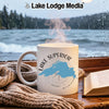 White mug with Lake Superior Michigan map and compass design.