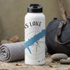 White water bottle with Mississippi Lake and compass design, rolled towel, and duffel bag.