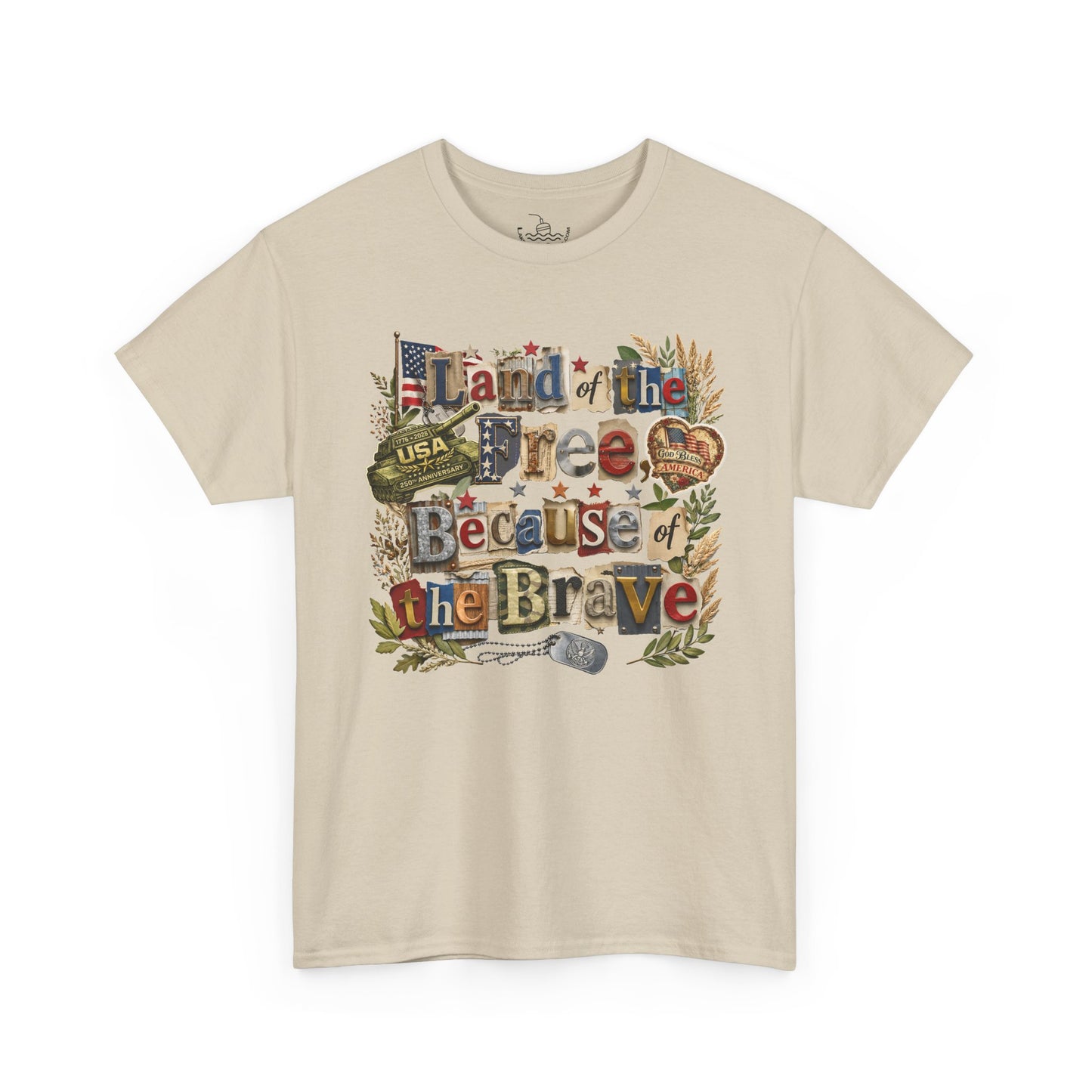 USA 250th Anniversary Land of the Free Because of the Brave T-Shirt | Patriotic Fourth of July Scrapbook Collage Design