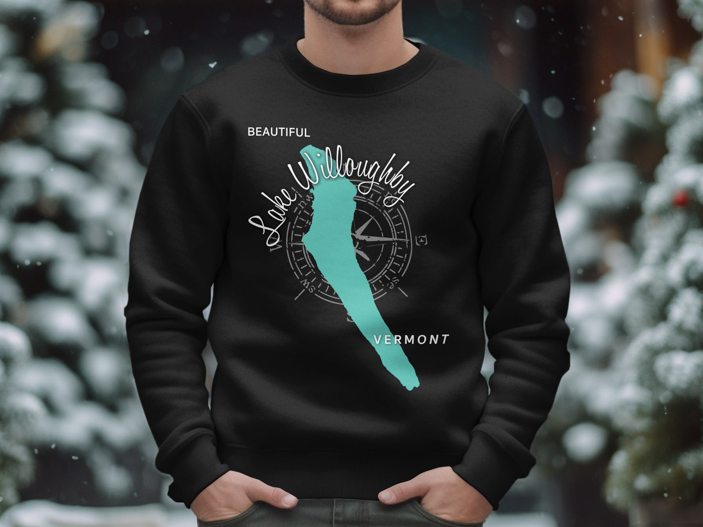 Black sweatshirt with Lake Willoughby Vermont map and compass graphic.