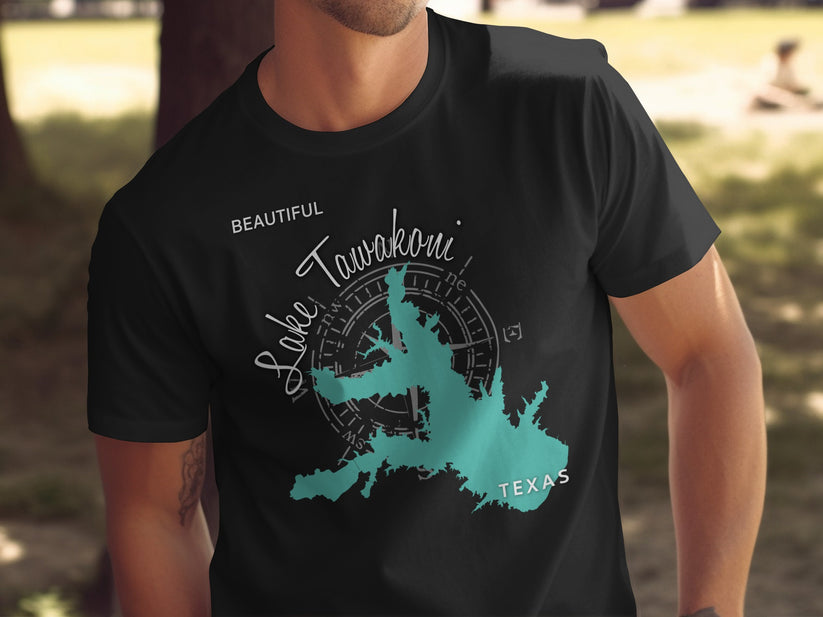 Black t-shirt with "Beautiful Lake Tawakoni Texas" and compass graphic.