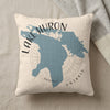 Pillow with blue Lake Huron map and text "Lake Huron Ontario"