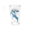 Clear glass pint glass with blue Lake Merced map graphic and "Merced California" text.