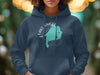 Dark blue hoodie with Lake Simcoe outline graphic and compass rose design.