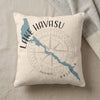 Pillow with blue Lake Havasu map, compass rose, and text.