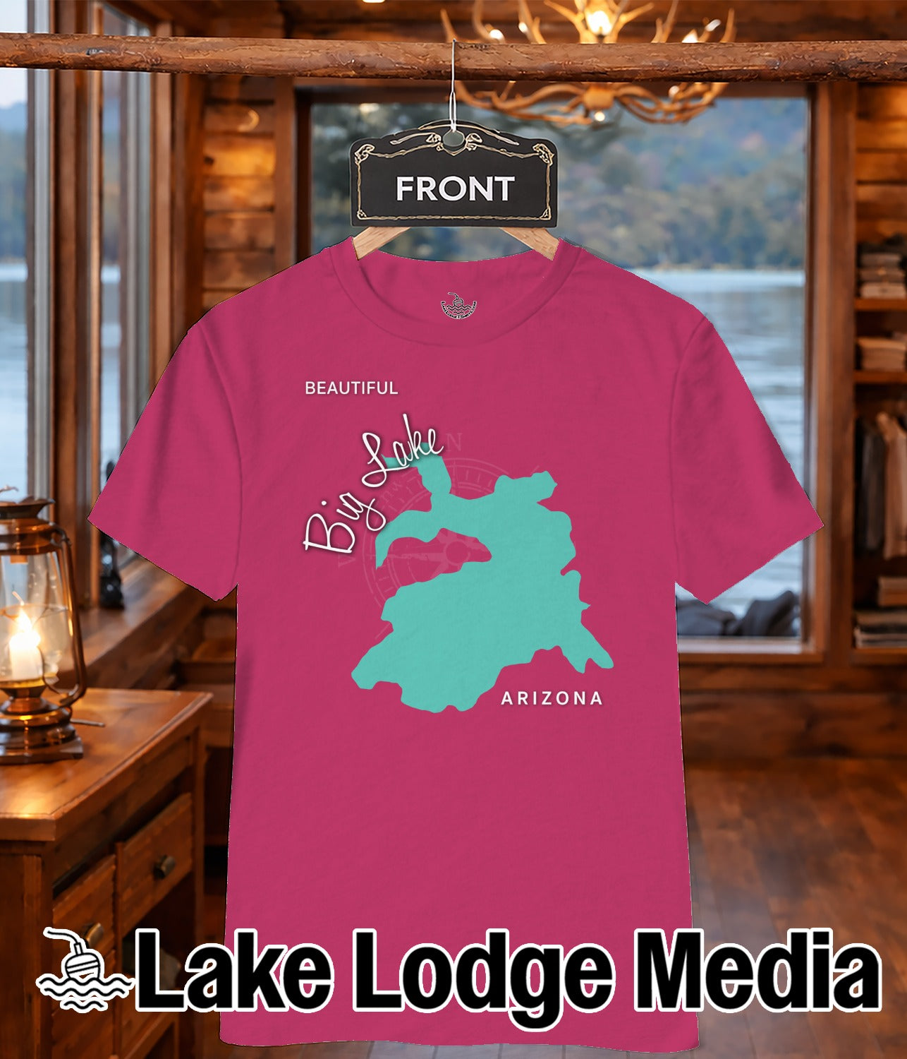 Pink t-shirt with "Big Lake ARIZONA" and a turquoise lake outline.