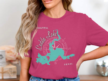 Caddo Lake map with compass rose and "Beautiful Caddo Lake Texas" text.
