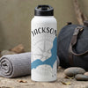 White water bottle with "JACKSON" and a compass and map design.