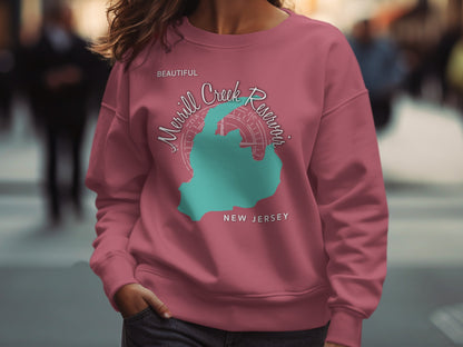 Maroon sweatshirt with a teal outline of Michigan and text reading "Merrill Creek Reservoir New Jersey".
