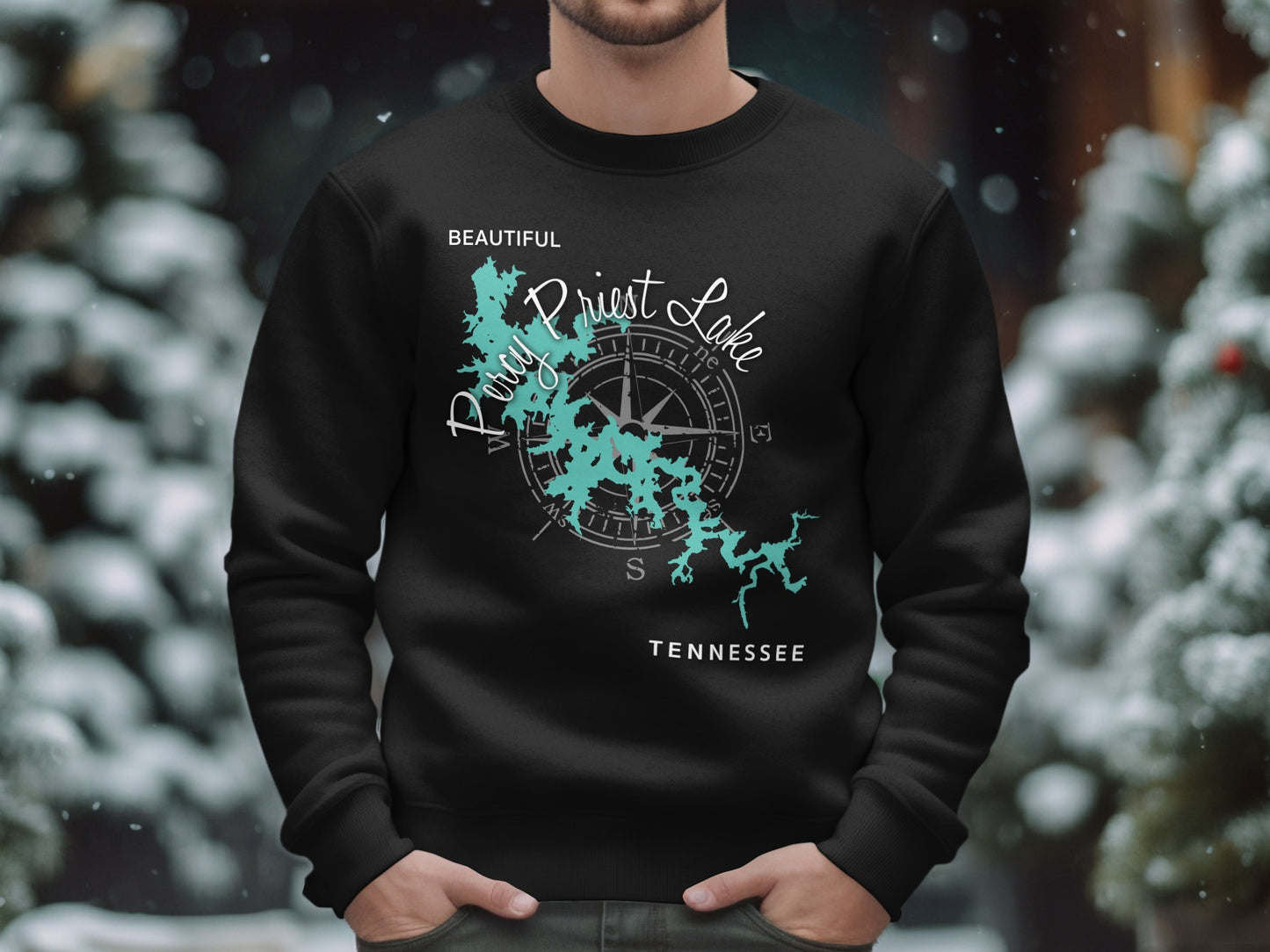 Black sweatshirt with turquoise map of Priest Lake, compass, and "Beautiful Priest Lake Tennessee" text.