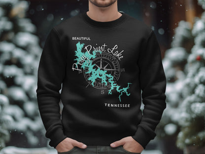 Black sweatshirt with turquoise map of Priest Lake, compass, and "Beautiful Priest Lake Tennessee" text.