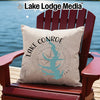 Pillow with Lake Conroe map and compass design on wooden chair.