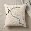 Pillow with "Lake Chelan Washington" text, map graphic, and blue river design.