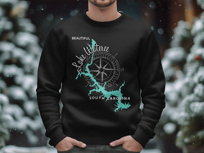 Black sweatshirt with Lake Wateree, South Carolina map and compass graphic.