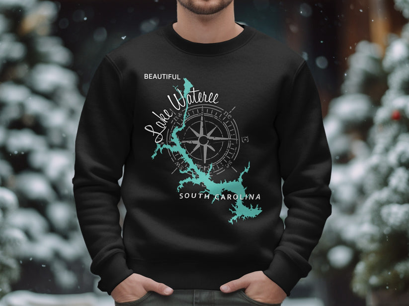 Black sweatshirt with Lake Wateree, South Carolina map and compass graphic.
