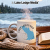 White mug with "Lake Lawtonka Oklahoma" and map of Oklahoma on it.