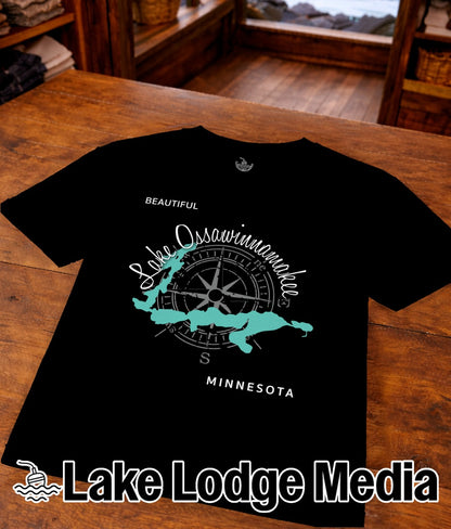 Black t-shirt with Lake Ossawinamakee map, compass, and "Minnesota" text.