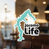 Turquoise lake outline sticker with black text "Jacomo Life" and copyright information.
