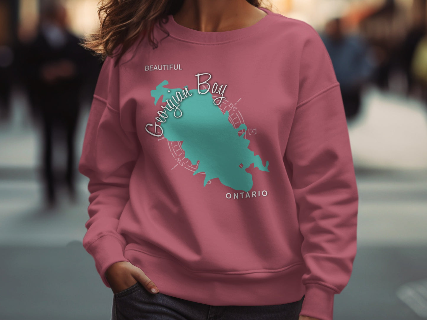 Georgian Bay Ontario map silhouette on a pink sweatshirt.