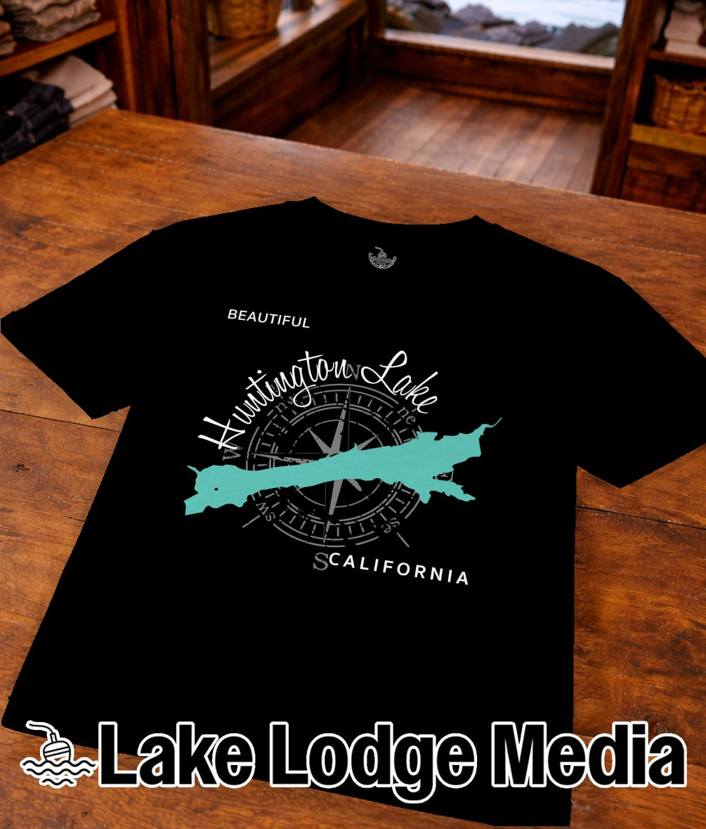 Black t-shirt with Huntington Lake, California map and compass design.