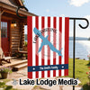 Garden flag with red and white stripes, lake shape, and "The Smith Family" text.