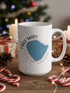 White mug with "Lake Mary Minnesota" map design, surrounded by festive decorations.