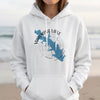 White hoodie with blue map design of Waurika Lake, Oklahoma and compass rose.