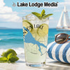 Clear glass with lime drink, Canyon Lake silhouette, and beach scene.