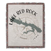 Lake Red Rock Iowa map and compass design on a fringed woven blanket.