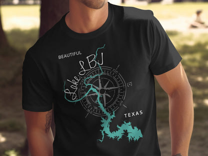 Black t-shirt with "Lake LBJ TEXAS" and compass design.