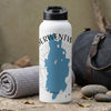 White water bottle with blue map outline and text "DERWENTWATER" and "ENGLAND".