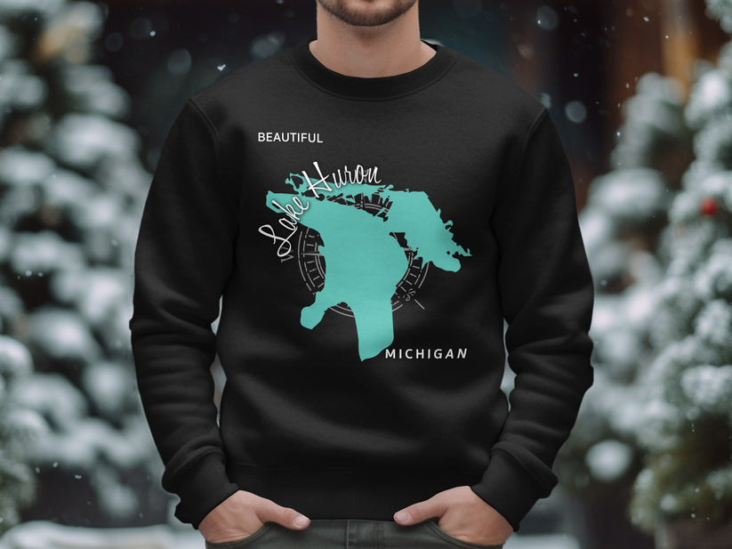 Black sweatshirt with Lake Huron map graphic and "Michigan" text.