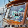 Lahontan Life sticker on a boat window, "Lake Lodge Media" text below.