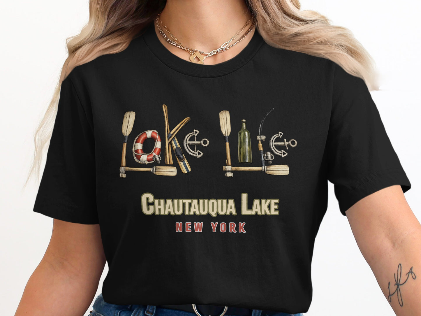 T-shirt with Chautauqua Lake New York text and lake-themed graphics.